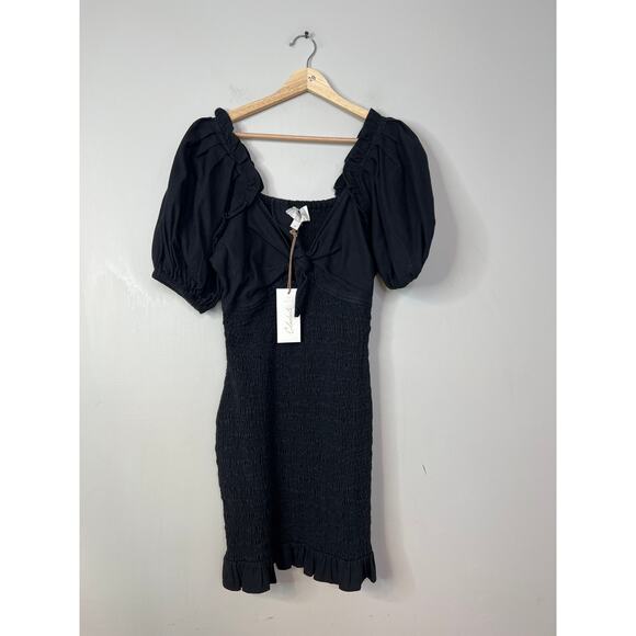 NWT Cleobella Camryn Sweetheart Smocked Charcoal Black Balloon Mini Dress - Picture 3 of 9